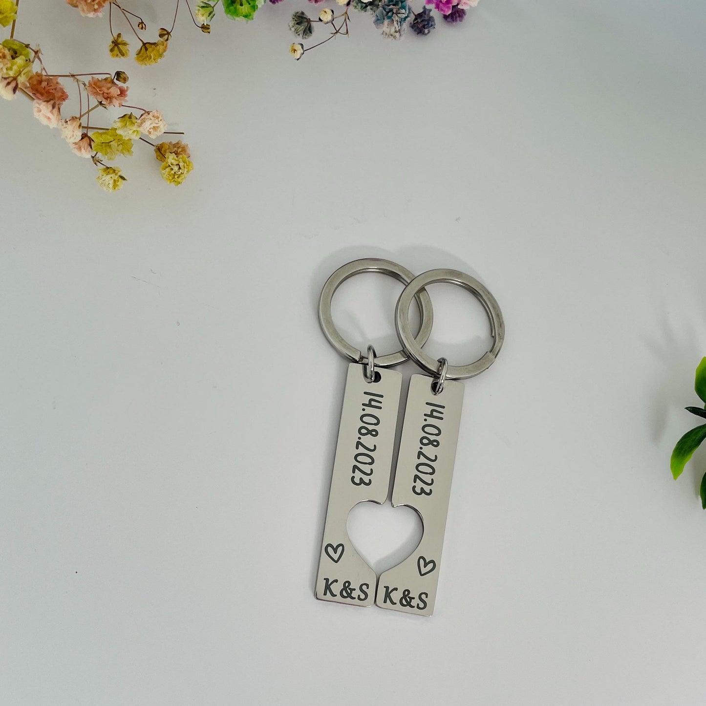 Personalised Engraved Heart Couple Keychain Set, Wedding Date Keyring with Coordinates Anniversary Gift Engravable Date Keychain,Key ring