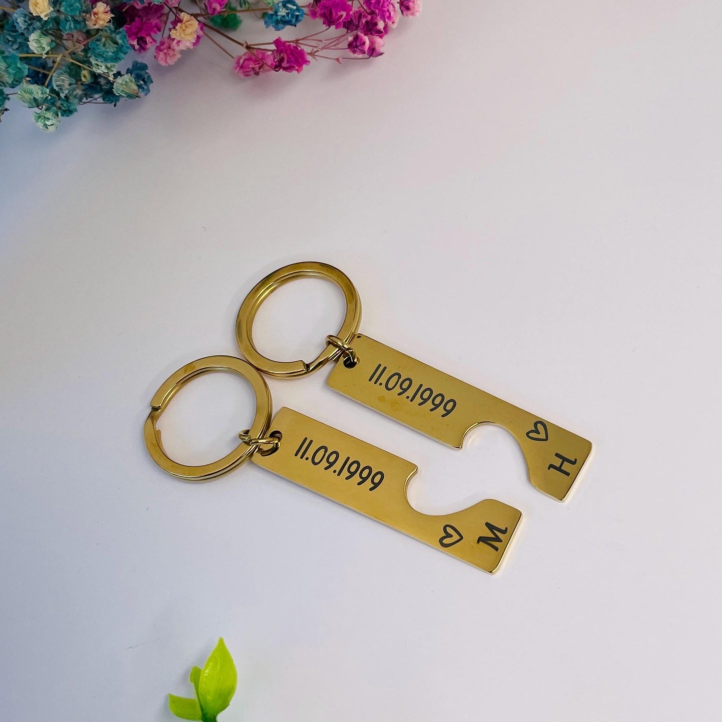 Personalised Engraved Heart Couple Keychain Set, Wedding Date Keyring with Coordinates Anniversary Gift Engravable Date Keychain,Key ring