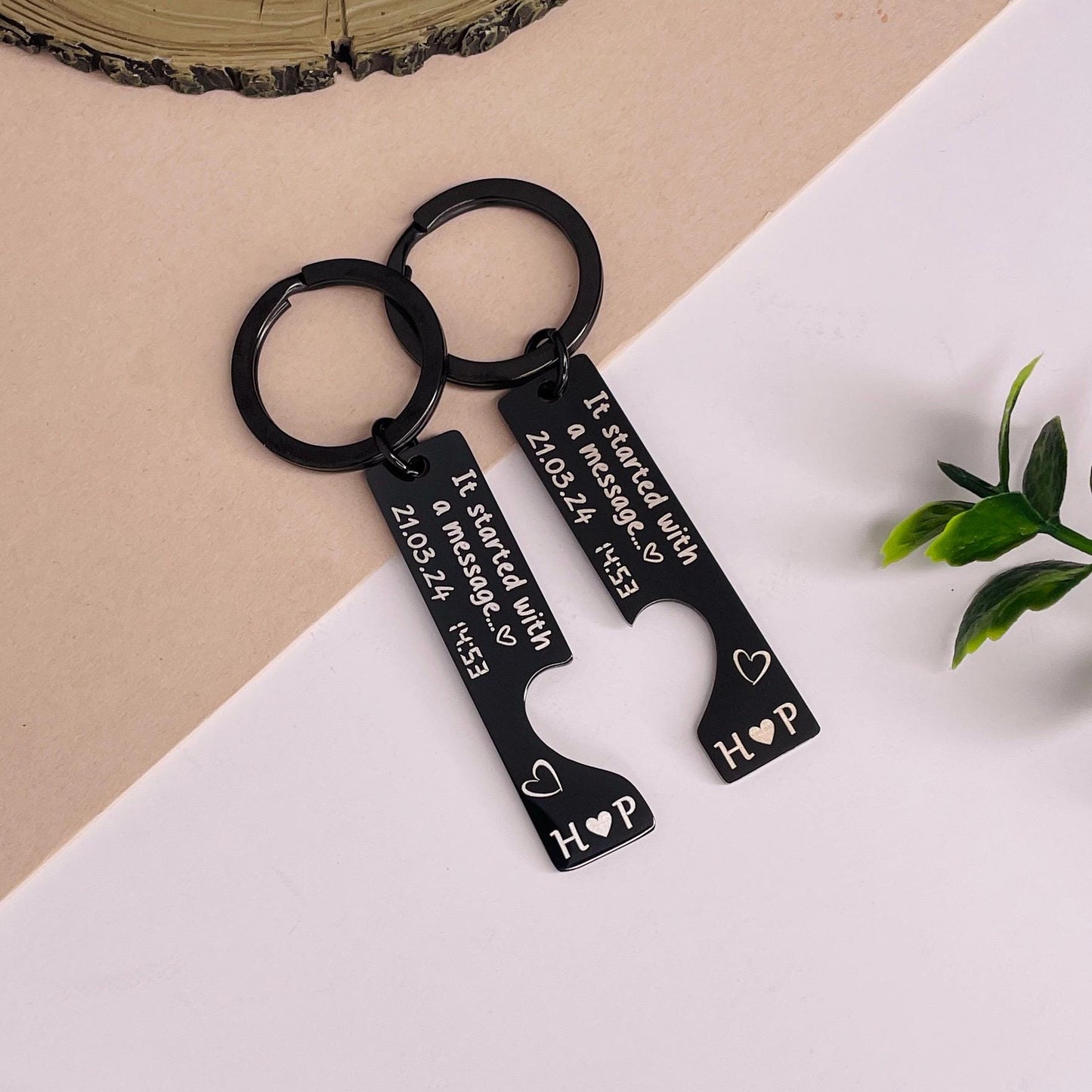It Started With a Message Keychain | Personalized Date & Time Couple Keyring Set | Romantic Gift for Anniversary, Wedding, Valentine's Day