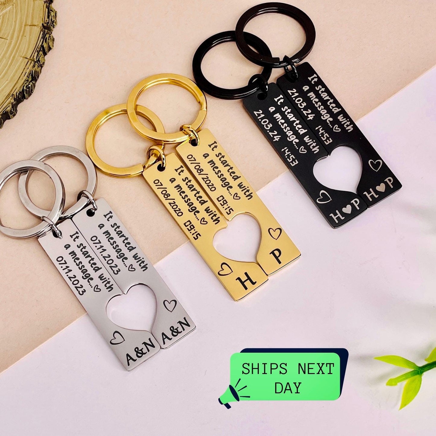 It Started With a Message Keychain | Personalized Date & Time Couple Keyring Set | Romantic Gift for Anniversary, Wedding, Valentine's Day