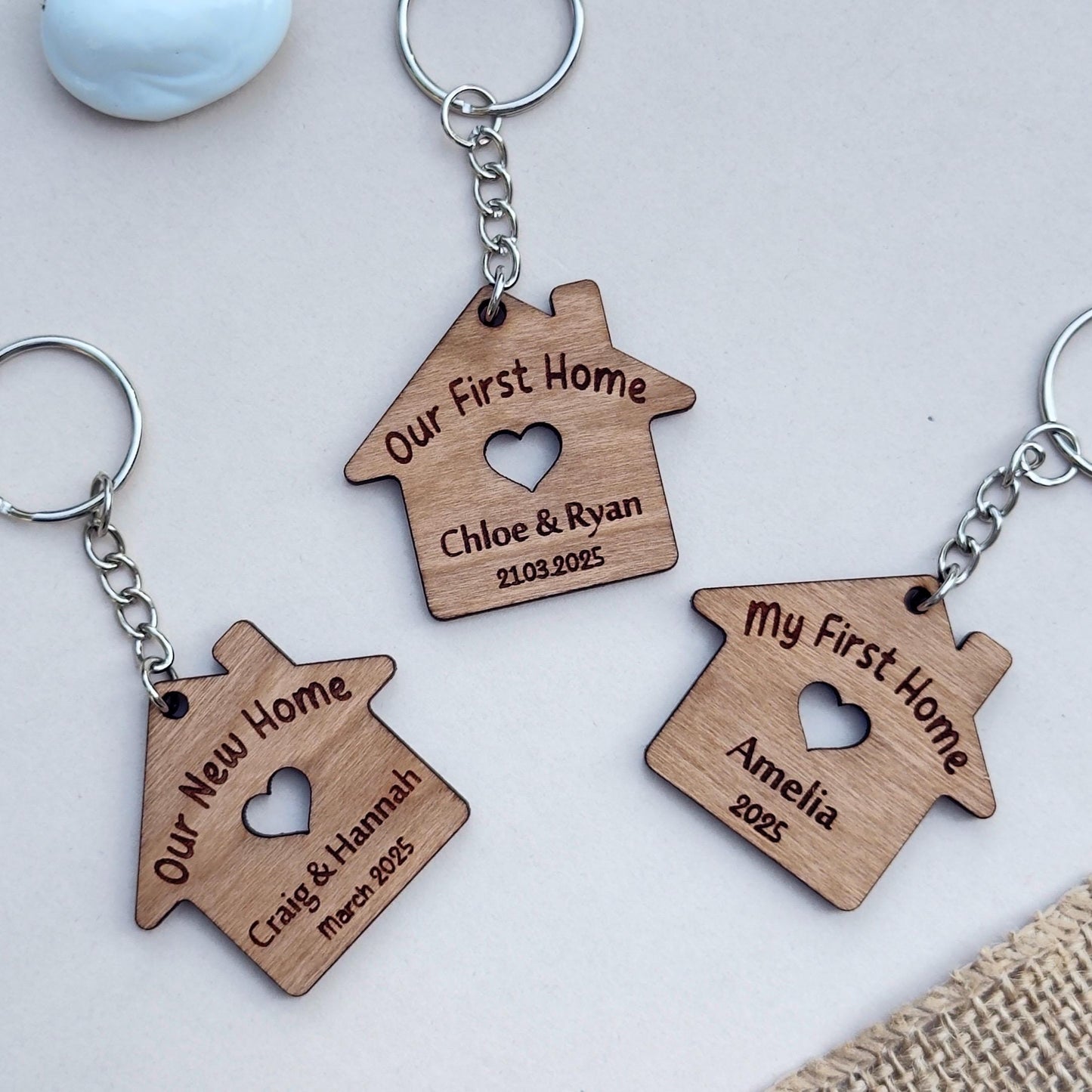 Our First Home Couples Keyring, Personalised House Warming Key Chain, Set of 2 Moving House Gift, New Home Keyrings, His & Hers Homeowner