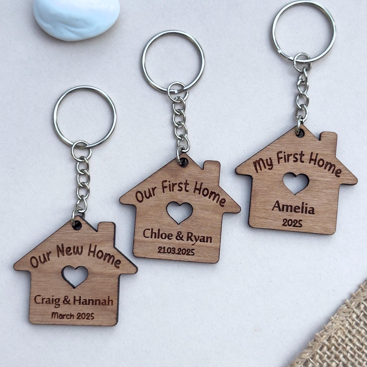 Our First Home Couples Keyring, Personalised House Warming Key Chain, Set of 2 Moving House Gift, New Home Keyrings, His & Hers Homeowner