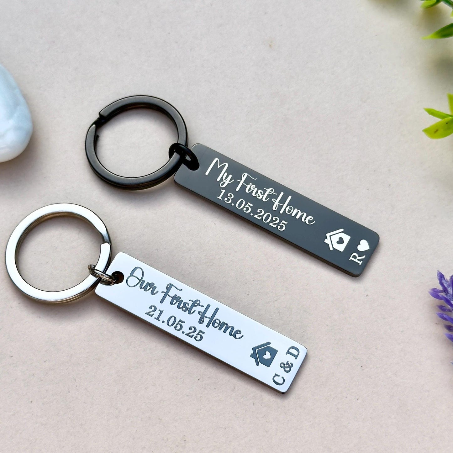 Our First Home Personalised Keyring, Custom New Home Keychain, Housewarming Gift, Moving House Keychain, Homeowner Gift, His & Hers Keyring