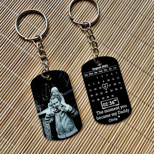 Custom Photo Keychain for Dad,Personalized Engraved Calendar Date Picture Keyring,Anniversary Gifts for Him,Fathers Day Gift,Daddy gift