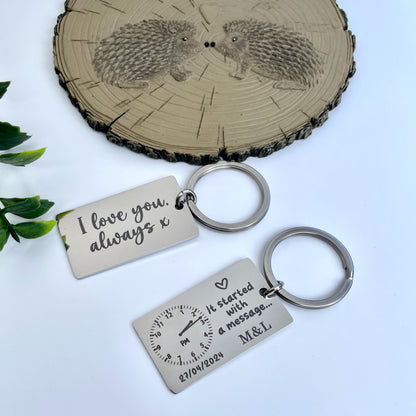 It Started with a Message... | Personalised Couples Anniversary Keyring - Custom Date and Time - Relationship Gift,Engravable Date Keychain