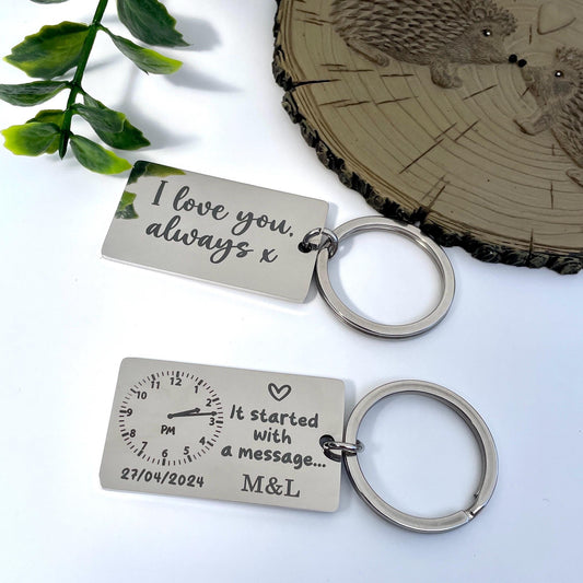 It Started with a Message... | Personalised Couples Anniversary Keyring - Custom Date and Time - Relationship Gift,Engravable Date Keychain