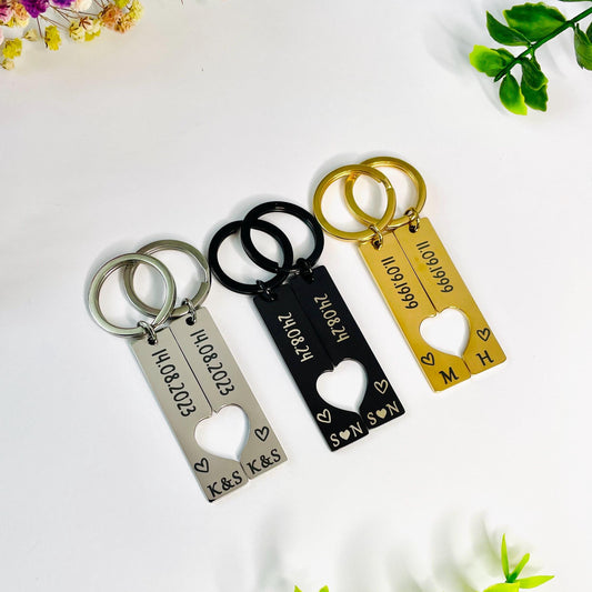 Personalised Engraved Heart Couple Keychain Set, Wedding Date Keyring with Coordinates Anniversary Gift Engravable Date Keychain,Key ring