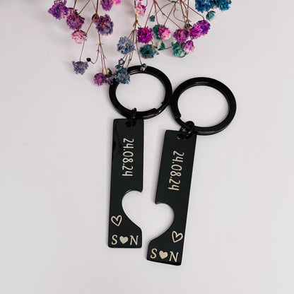 Personalised Engraved Heart Couple Keychain Set, Wedding Date Keyring with Coordinates Anniversary Gift Engravable Date Keychain,Key ring