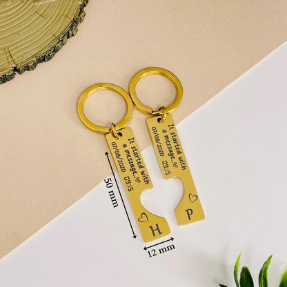 It Started With a Message Keychain | Personalized Date & Time Couple Keyring Set | Romantic Gift for Anniversary, Wedding, Valentine's Day