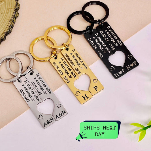 It Started With a Message Keychain | Personalized Date & Time Couple Keyring Set | Romantic Gift for Anniversary, Wedding, Valentine's Day