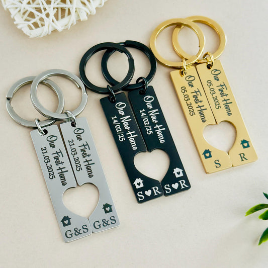 First Home Gift Keyrings | Personalised Couples Keychains | New Home Keepsake | Our First Home | Moving House Gift | Set of 2 Keychains
