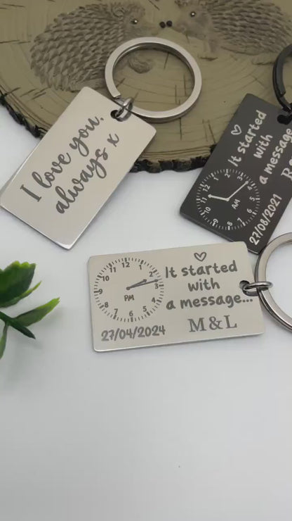 It Started with a Message... | Personalised Couples Anniversary Keyring - Custom Date and Time - Relationship Gift,Engravable Date Keychain